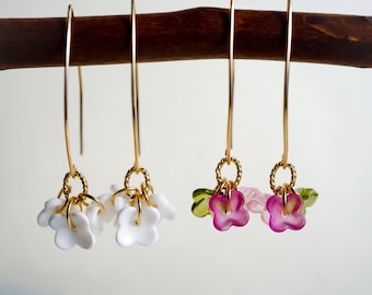 Japandi Glass Flower Earrings, 14K Gold Filled, Japanese Minimalist Bloom Hoops, Wedding & Everyday Gift
