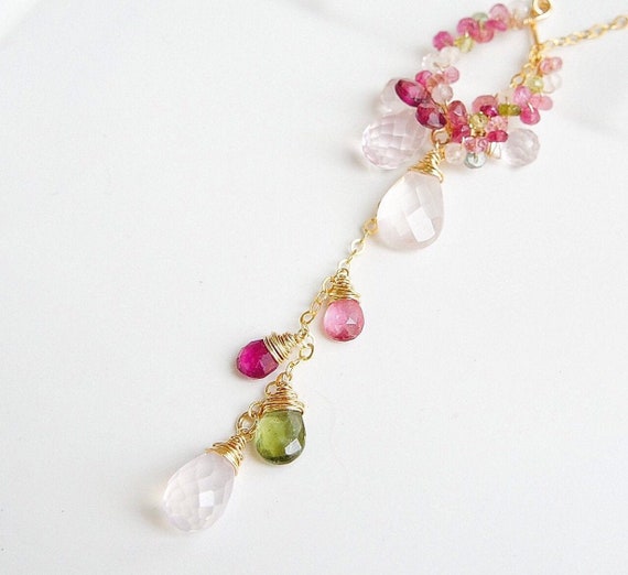 COLOR BLOSSOM LARIAT NECKLACE PINK GOLD WHITE MOTHER PEARL AND