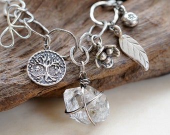 Herkimer Tree of Life Charm Oxidized Sterling Silver Necklace , Healing Quartz Crystal Jewelry