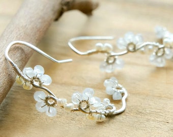 Moonstone Pearl Floral Hoop Earrings, Sterling Silver 14K Gold filled, Bridal Jewelry