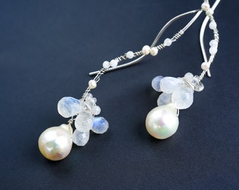 Akoya Pearl Rainbow Moonstone Chandelier Earrings, Sterling Silver, White Floral Wedding Jewelry