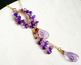 Amethyst Lariat Necklace 14K Gold Filled Purple Gemstone Adjustable Length Jewelry
