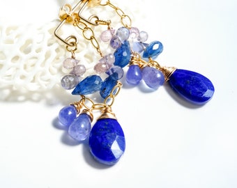 Lapis Lazuli Kyanite Blue Gemstone Dangle Earrings, 14K Gold filled Jewelry, Tanzanite Semi Precious Stone