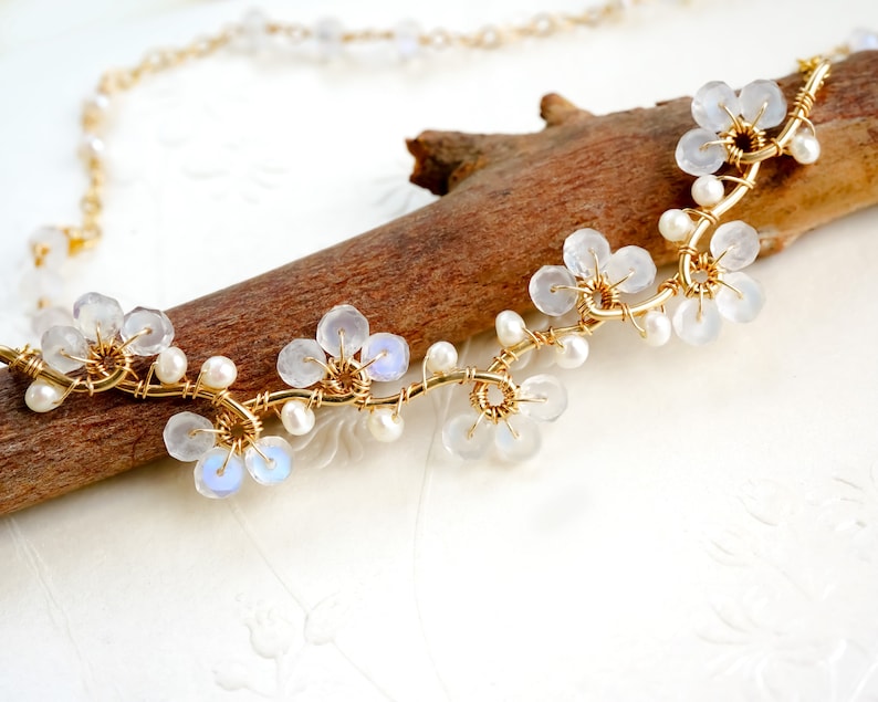 Moonstone and Pearl Delicate Necklace for Wedding in Gold filled or Sterling silver, Small White Flower Necklace, Boho Wedding Jewelry image 2