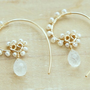 Pearl and Moonstone Earrings for Wedding, Gold Spiral Hoop, Everyday Jewelry for her