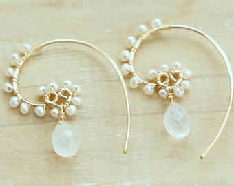Pearl Moonstone Hoop Earrings: 14K Gold Filled Heart Jewelry