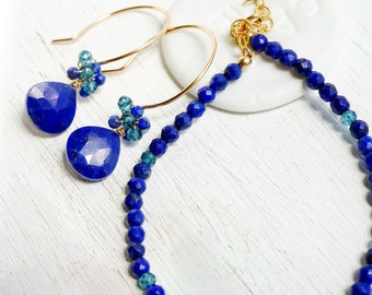 Lapis Lazuli Drop Earrings and Bead Bracelet Sets in Gold filled, Royal Blue Stone Simple Jewelry, December Birthstone