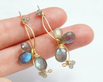 Labradorite Gold Hoop Earrings, Gray Grey Gemstone Earrings, Wire wrapped Earrings, Unique Earrings