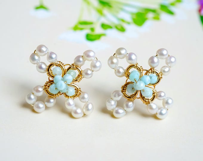 Featured listing image: Floral Larimar Stud Earrings: 14K Gold-Filled Freshwater Pearl (15mm)