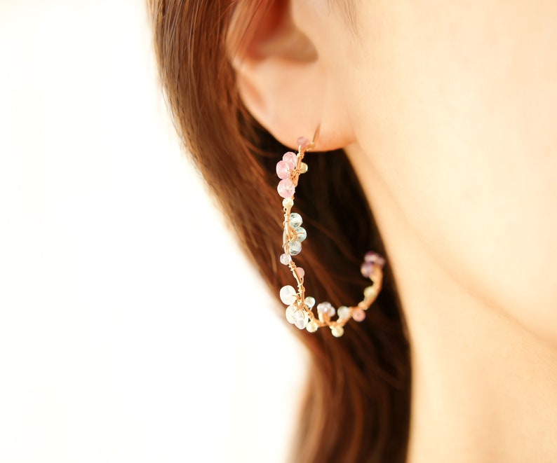Pastel Gemstones Gold Hoop Earrings, Handmade Dainty Jewelry image 5