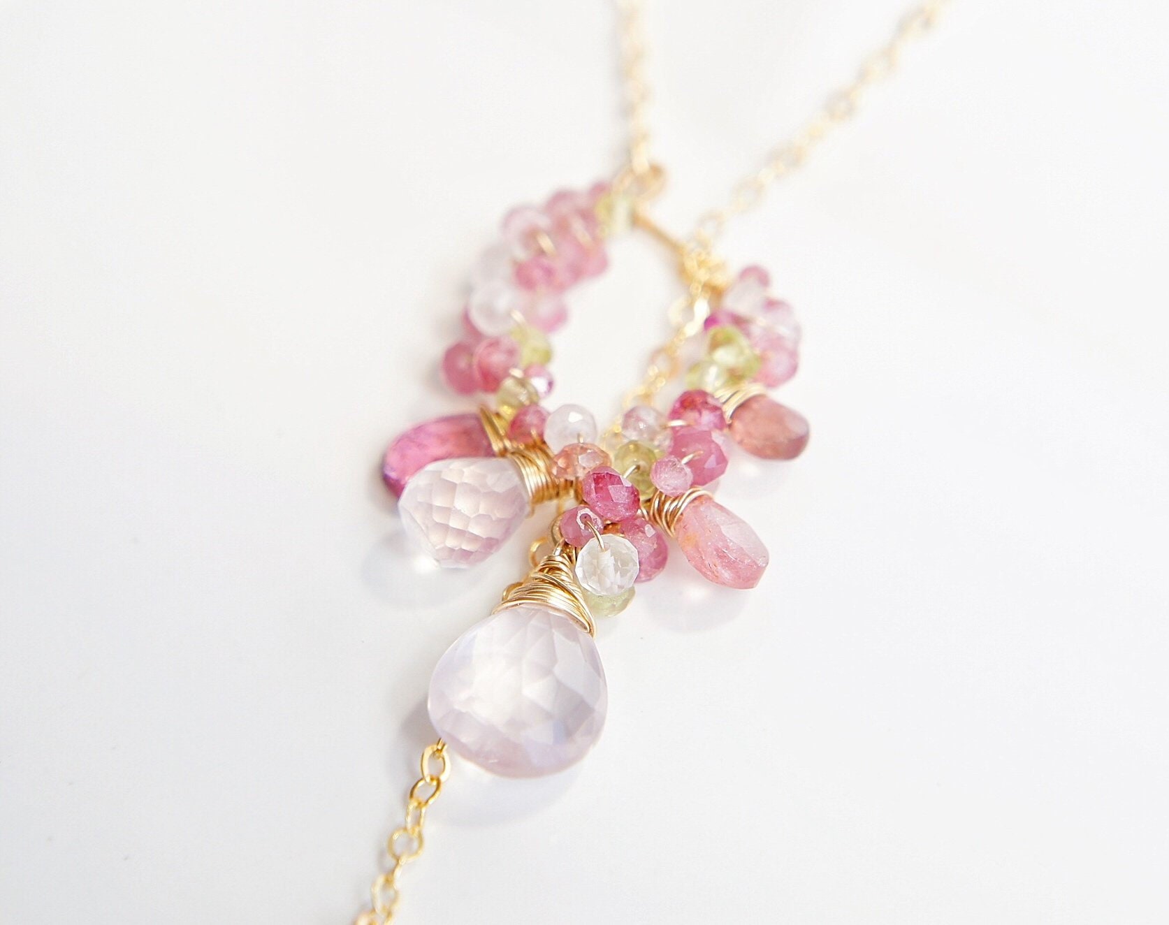 Pink Gemstones Lariat, Cherry Blossom Sakura Japanese Jewelry, Cluster Pendant Necklace, 14K Gold Filled