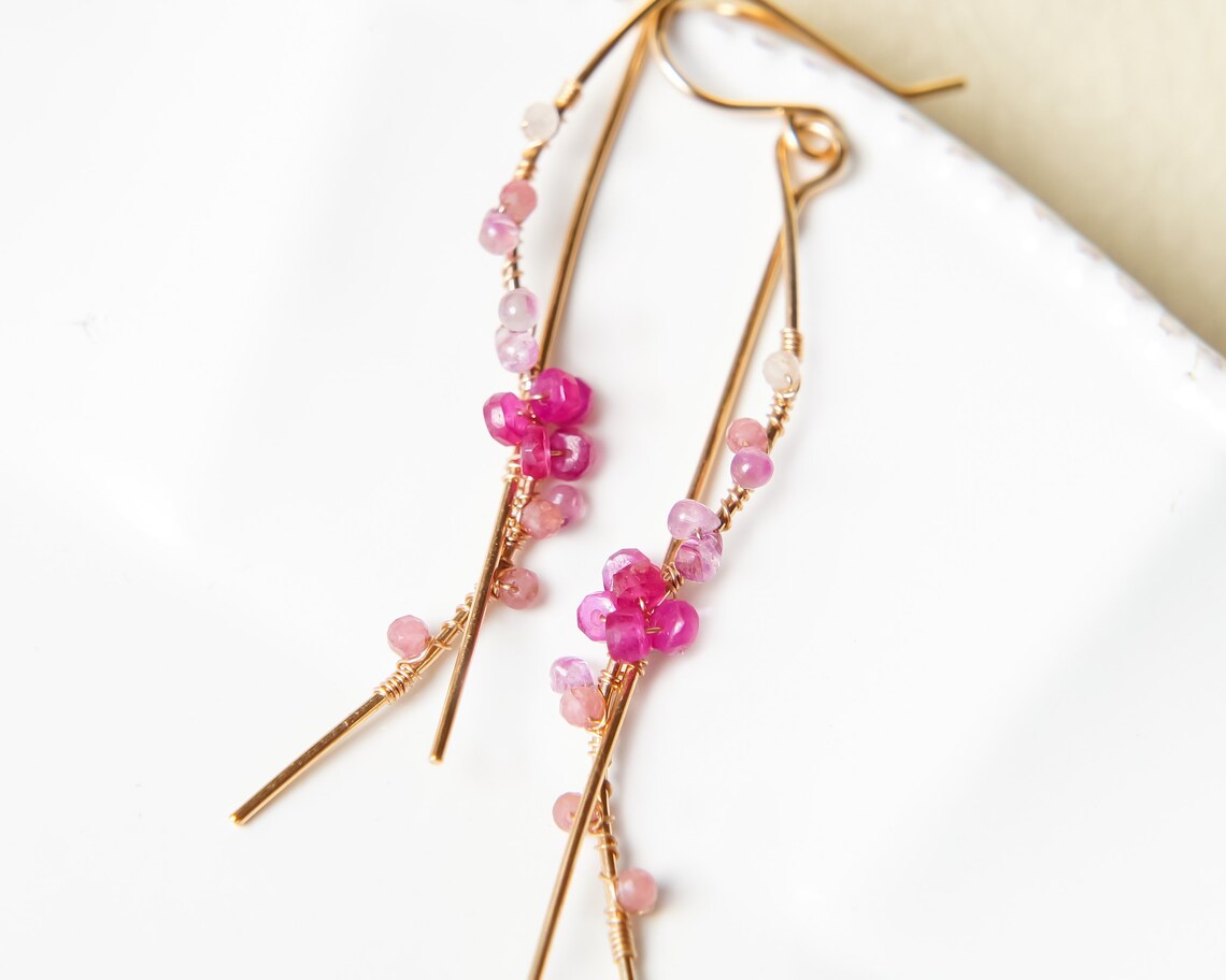 Pink Ruby Earrings Cherry Blossom Earrings Sapphire 14k Gold Etsy