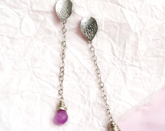 Cherry Blossom Petal Earrings, Pink Sapphire Sterling Silver Earrings, Japanese Jewelry, Hand-Engraved