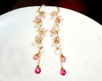 Pink Gemstone Delicate Long Earrings, Japanese Cherry Blossom Wedding Jewelry, Nature inspired Earrings