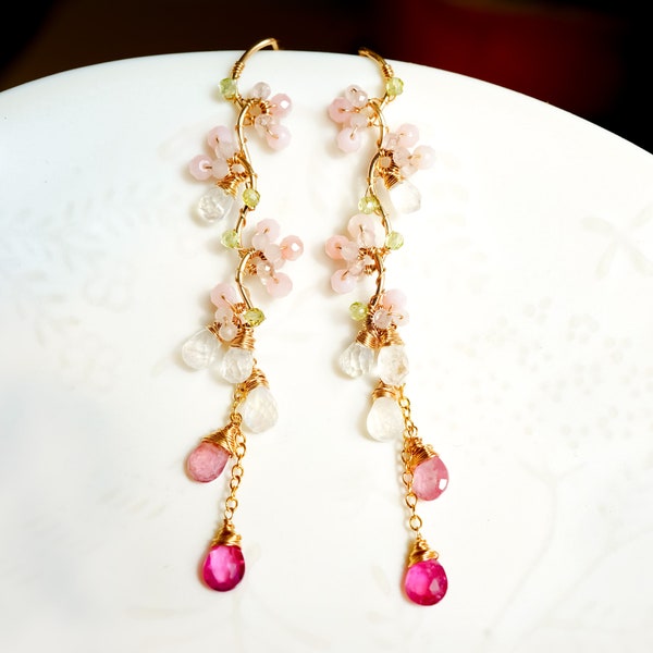 Pink Gemstone Delicate Long Earrings, Japanese Cherry Blossom Wedding Jewelry, Nature inspired Earrings