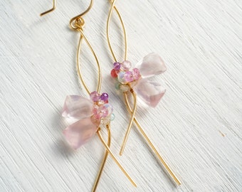 Cherry Blossom Rose Quartz Earrings 14K Gold filled, Birthday Gift for her, Light Pink Long Earrings