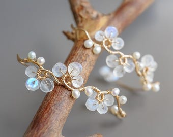 Floral Wedding Earrings: 14K Gold Filled Hoop with Moonstone & Pearl
