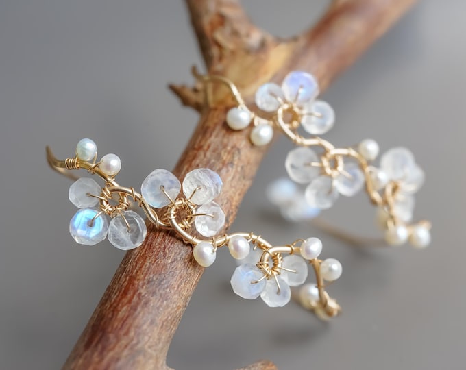 Featured listing image: Moonstone & Pearl Wedding Earrings, 14K Gold Filled Hoop, Floral Bridal Jewelry