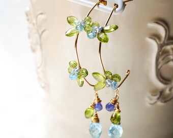 Peridot Blue Topaz Flower Hoop Earrings, 14k Gold Filled, August Birthday Gift