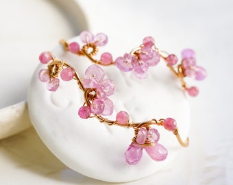 Cherry Blossom Pink Sapphire Hoop Earrings: 14K Gold Filled Floral Jewelry