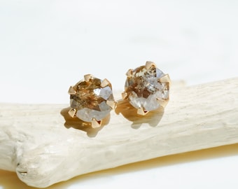 K18 Gold Light Brown Diamond Earrings, Rose Cut Diamond Jewelry, Simple Tiny Studs, Rustic Diamond