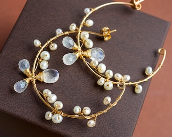 Rainbow Moonstone & Pearl Hoop Earrings – Elegant Jewelry for Weddings and Everyday Wear
