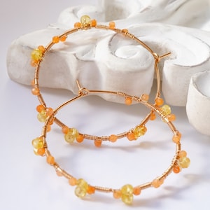 Yellow Orange Gemstone Gold Hoop, 14K gf Sapphire Jewelry, Birthday gift, Wire wrapped Jewelry
