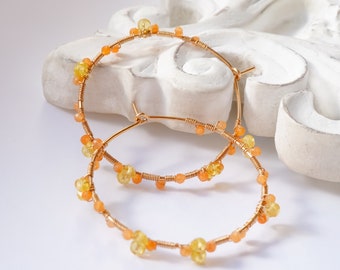 Yellow Orange Gemstone Gold Hoop, 14K gf Sapphire Jewelry, Birthday gift, Wire wrapped Jewelry