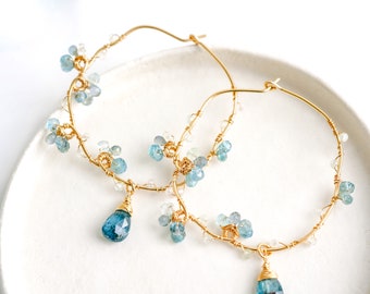 Nature inspired Aquamarine Sapphire Hoop Earrings, 14K Gold filled, Dainty Handmade Jewelry