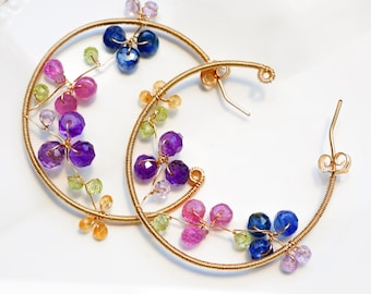 Amethyst, Sapphire, Peridot Hoop Earrings, 14K Gold Filled Floral Gemstone Jewelry