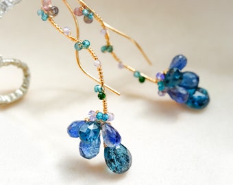 Teal Blue Kyanite Modern Long Earrings, 14K Silver Dark blue Gemstone Jewelry, Wavy Earrings