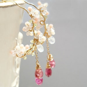 Pink Tourmaline Chandelier Earrings, Cherry Blossom Earrings, Rubellite Gold Hoop, Sakura Wedding Japanese Jewelry image 5