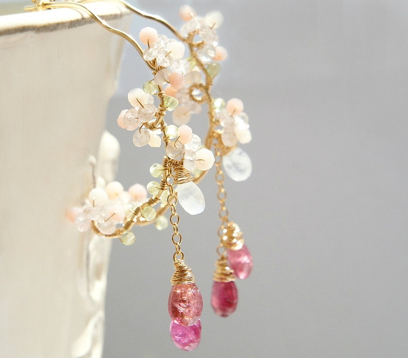Pink Tourmaline Chandelier Earrings, Cherry Blossom Earrings, Rubellite Gold Hoop, Sakura Wedding Japanese Jewelry zdjęcie 5