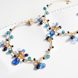 Nature inspired blue gemstone hoop earrings, Wire wrapped gold earrings, Handmade jewelry image 4