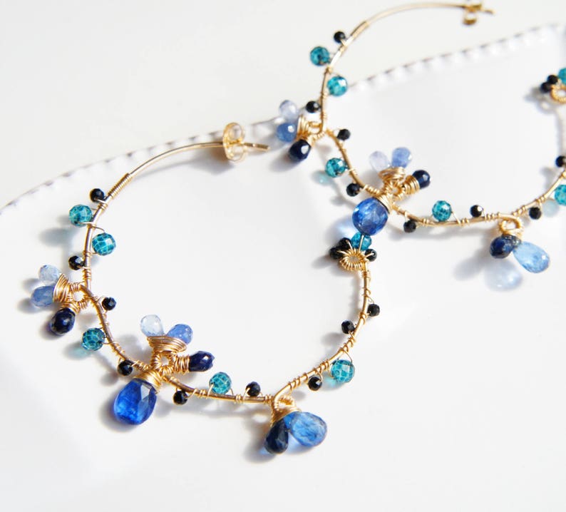 Nature inspired blue gemstone hoop earrings, Wire wrapped gold earrings, Handmade jewelry image 4