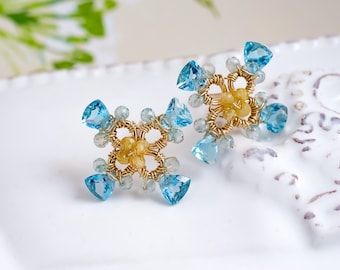 Blue Topaz Small Square Stud Earrings, 14K Gold Filled, Wire wrapped Jewelry