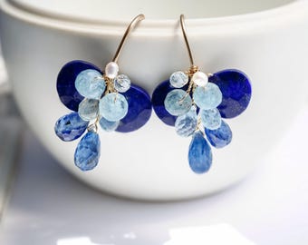 Lapis Lazuli Aquamarine Gemstone Earrings: 14K Gold Filled Dangle Jewelry