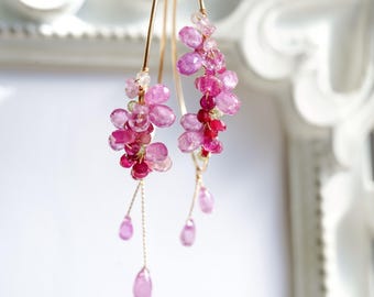 Pink Sapphire Ruby Hoop Earrings: 14K Gold Filled Cherry Blossom Jewelry