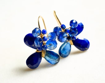 Lapis Lazuli and Kyanite Navy Stone Earrings in Gold filled, Feminine Jewelry Gift for her, mom, Wire wrapped Gemstone