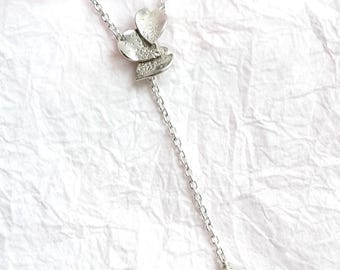 Cherry Blossom Petal Y Necklace , Pink Sapphire Sterling Silver Chain, Japanese Jewelry, Hand-Engraved