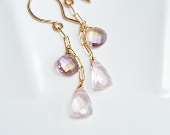 Ametrine and Pink Rose quartz Earrings, Elegant Earrings 14k gold filled, Simple earrings, Dangle Earrings