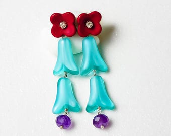 Red Flower Earrings in Sterling Silver, Japanese Glass, Teal Green Leaf Amethyst, 2-Way
