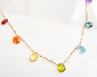 Rainbow Gemstone Station Necklace 14K Gold Filled Sterling Silver, Seven Chakra Jewelry