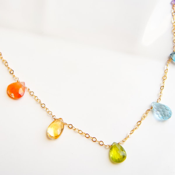 Rainbow Gemstone Station Necklace 14K Gold Filled Sterling Silver, Seven Chakra Jewelry