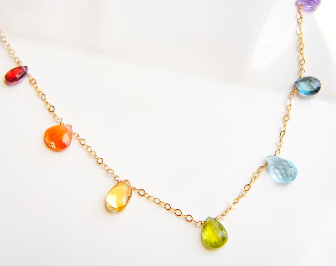 Featured listing image: Rainbow Gemstone Station Necklace 14K Gold Filled Sterling Silver, Seven Chakra Jewelry
