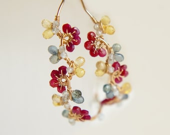 Ruby Sapphire Precious Stone Hoop Earrings, 14K Gold Filled, September Birthstone Jewelry