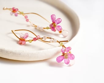 Pink Cherry Blossom Chandelier Earrings, Japanese Jewelry, Gift for her, Wavy Dainty Earrings