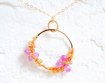 Pink Orange Sapphire Circle Pendant 14K Gold Filled, September Birthstone Gemstone Jewelry