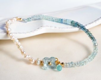 Aquamarine and Pearl Beads Elastic Stretch Bracelet, March Birthstone, 14K Gold filled Easy to wear