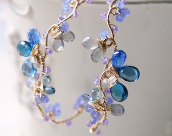 London Blue Topaz Gemstone Hoop Earrings: 14K Gold Filled, Handmade